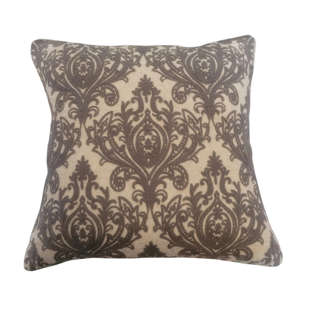 Grey Cotton Embroidery & Linen 18"x18" Throw Pillow Filled With 100% Down